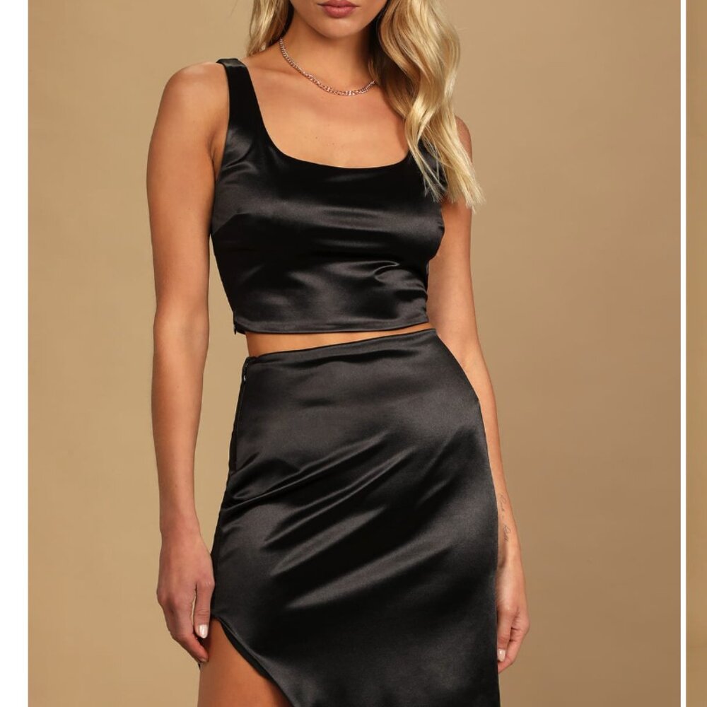 Lulus Can't Let You Go Black Satin Sleeveless Two-Piece Midi Dress (NWT)